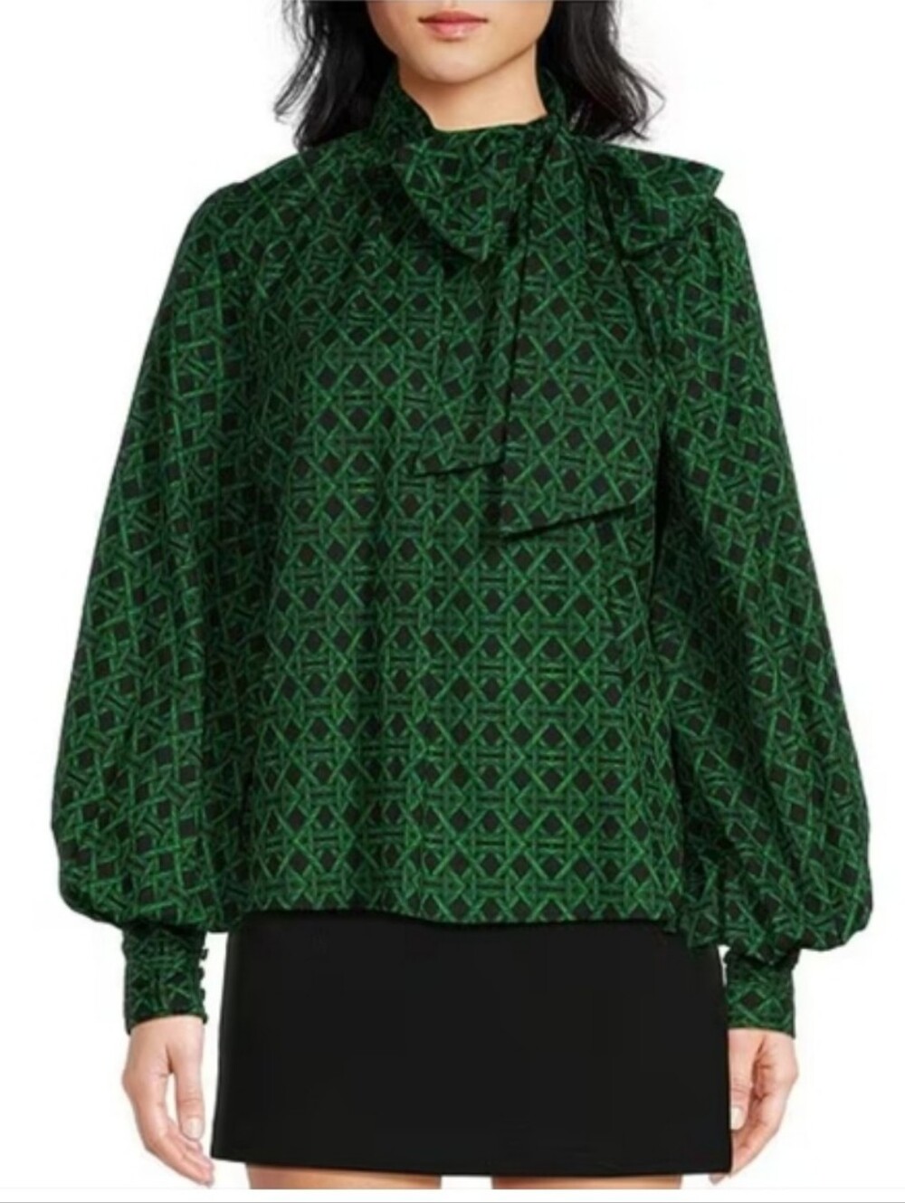 A Loves A Voile Lattice Print M8ck Neck Tie Detail Long Sleeve Blouse Size L